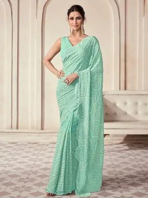 Aqua blue Georgette Sequined and Embroidered saree