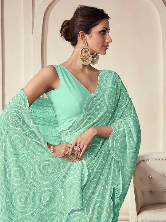 Aqua blue Georgette Sequined and Embroidered saree