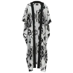 LADIES LONG KIMONO WHITE/BLACK W/AZTEC