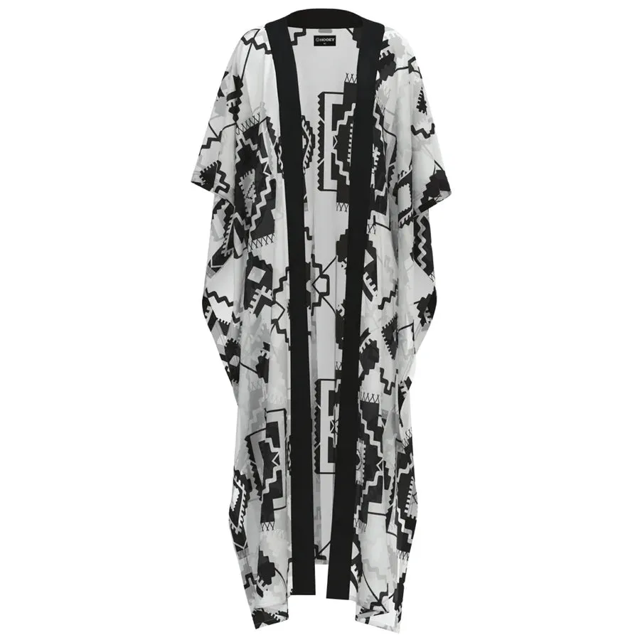LADIES LONG KIMONO WHITE/BLACK W/AZTEC